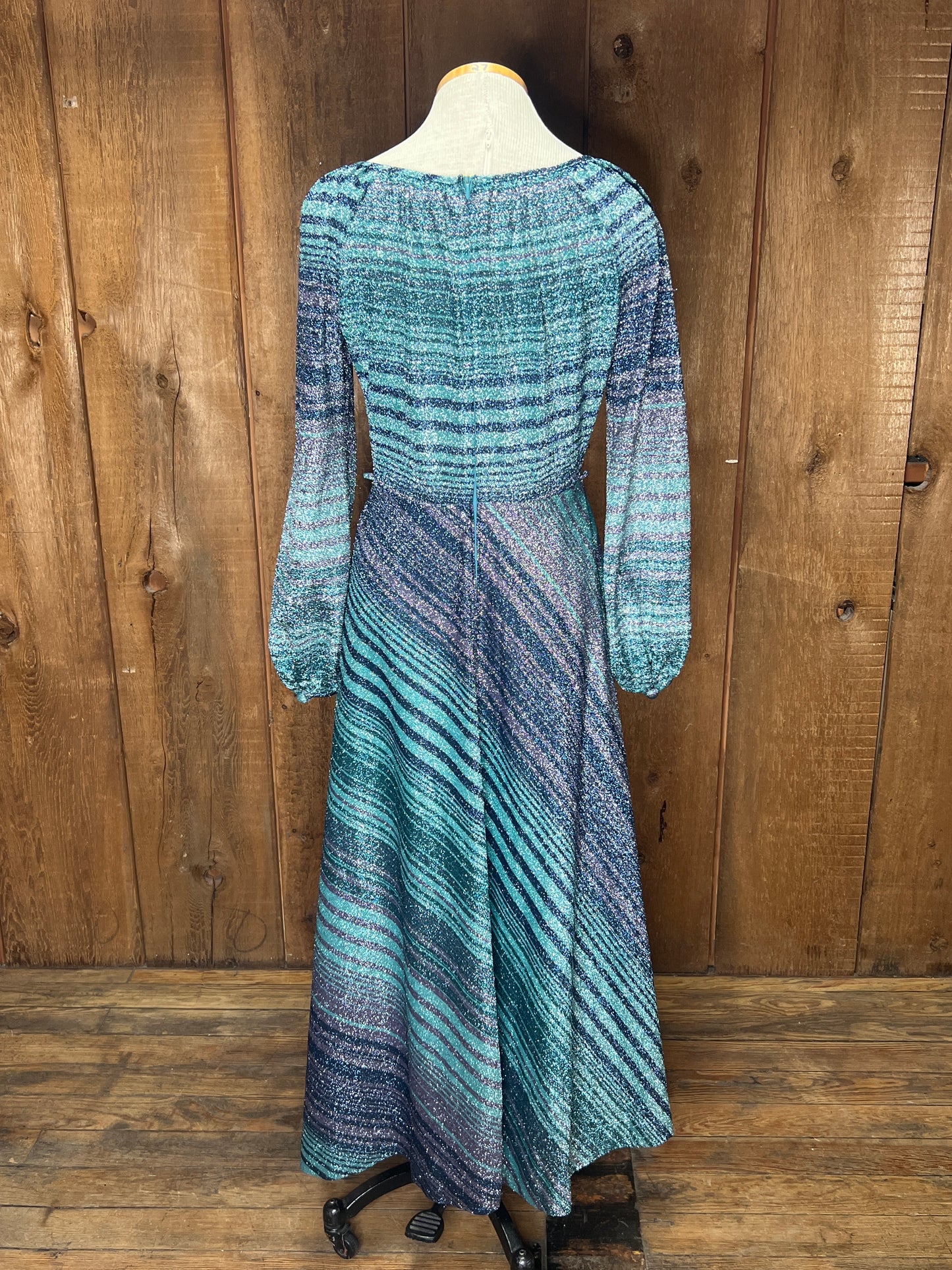 70s Metallic Blues Maxi Dress W30