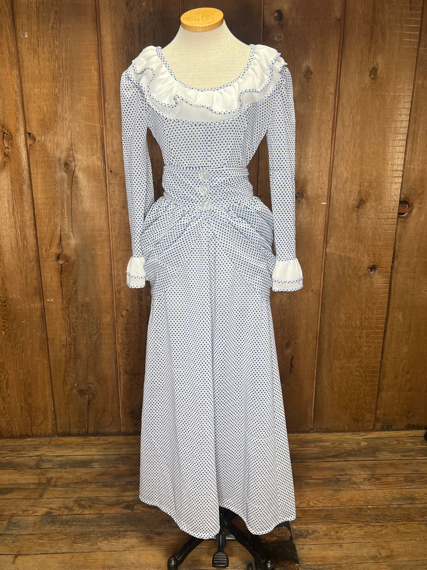 70s Blue Dot Maxi Dress w/Bustle W34