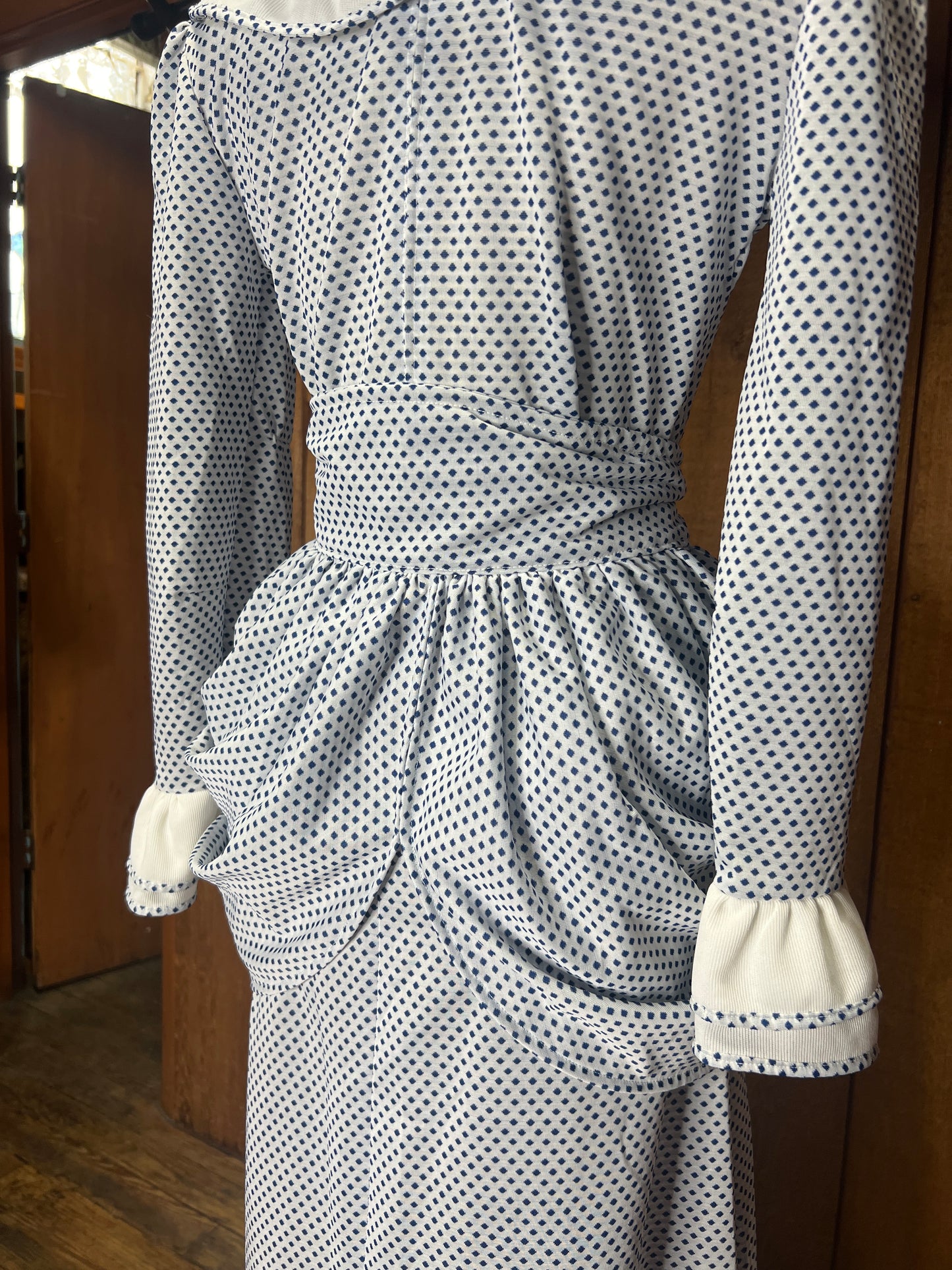 70s Blue Dot Maxi Dress w/Bustle W34