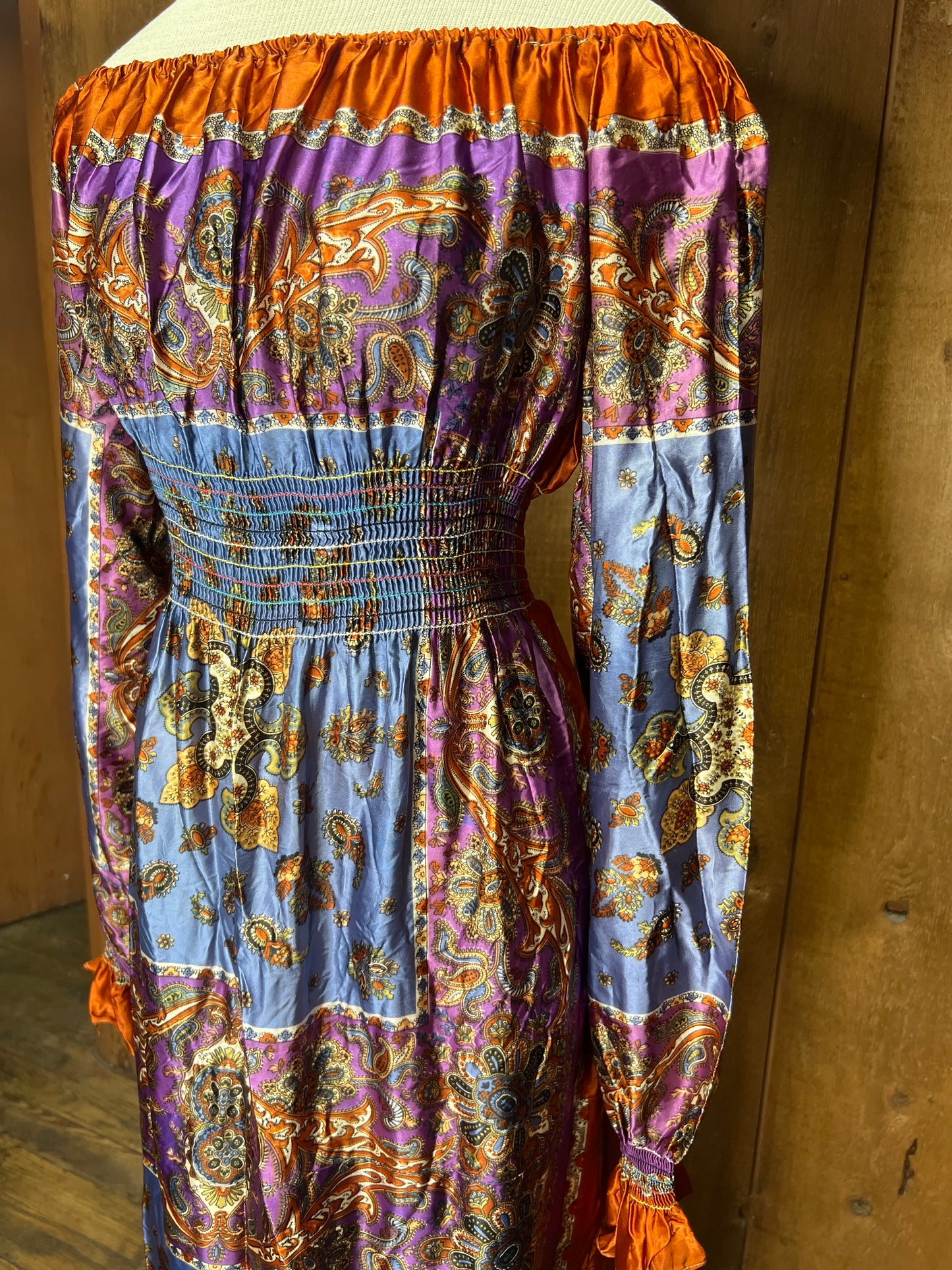 70s Satin Scarf Handmade Maxi Dress L