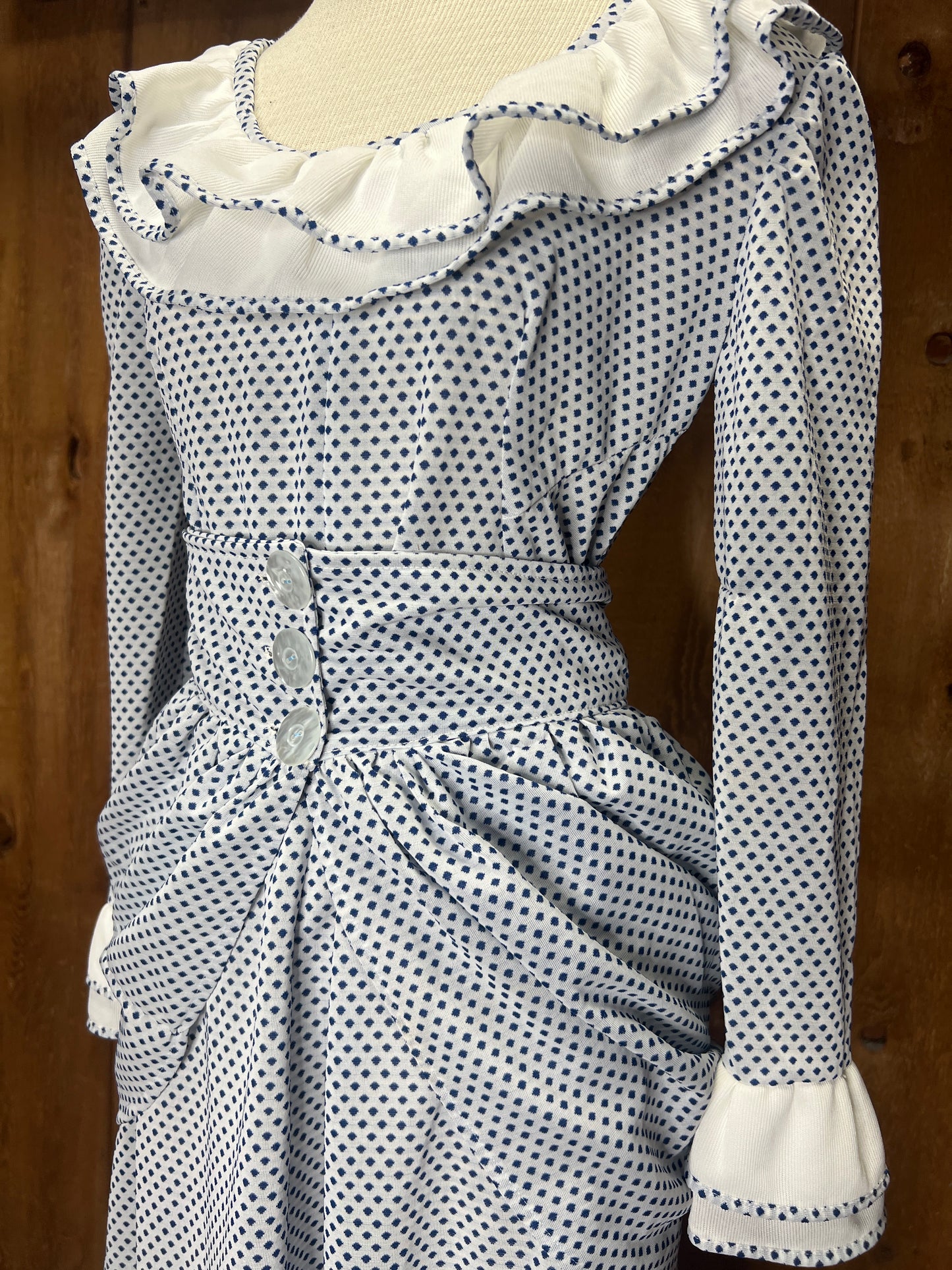 70s Blue Dot Maxi Dress w/Bustle W34