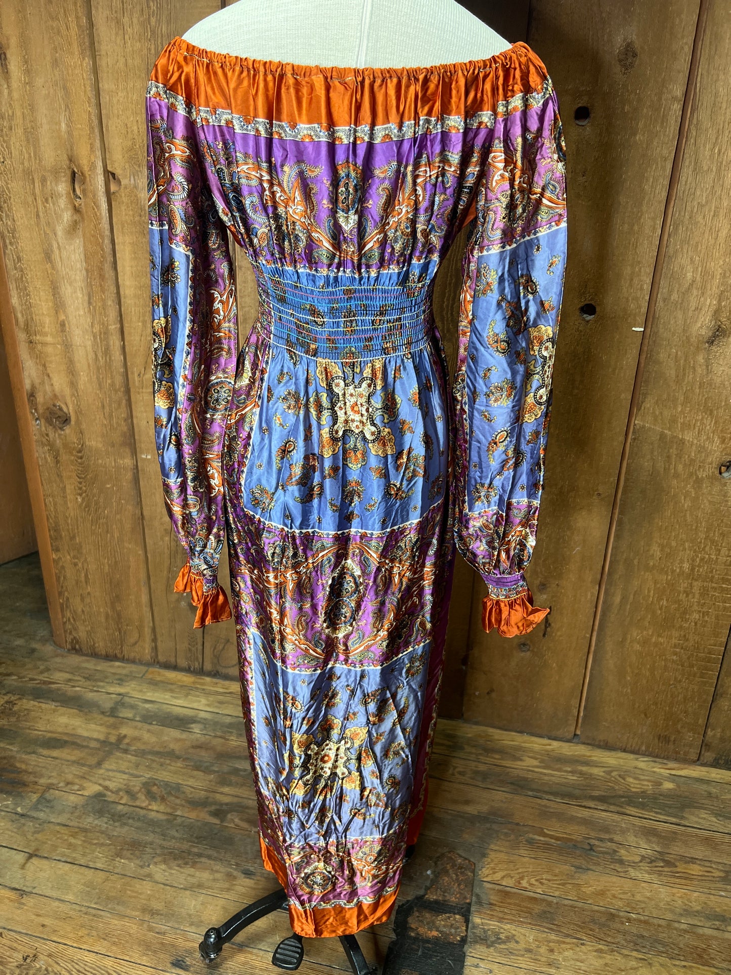 70s Satin Scarf Handmade Maxi Dress L