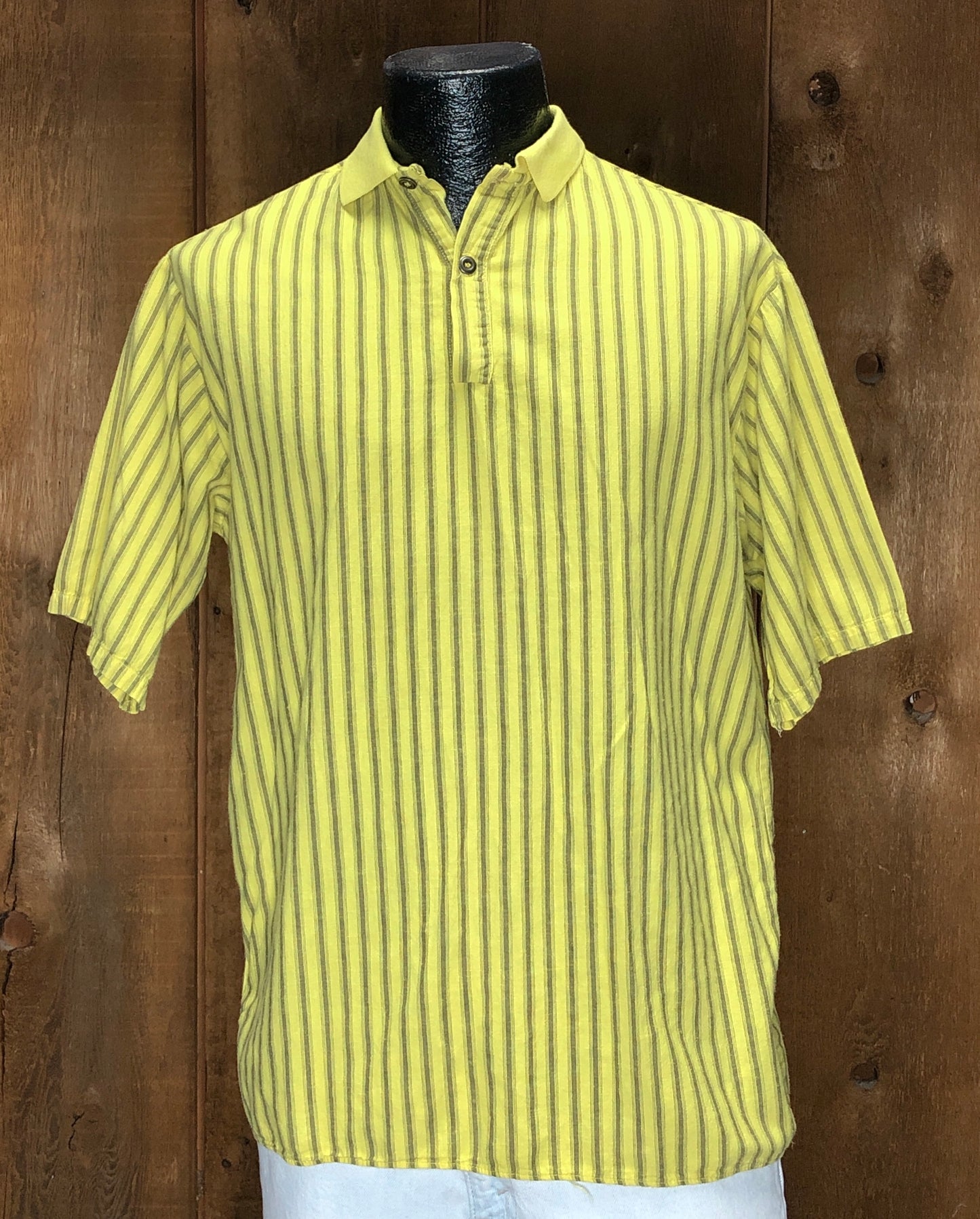 80s Bon Homme Yllw Stripe Cotton Shirt XL