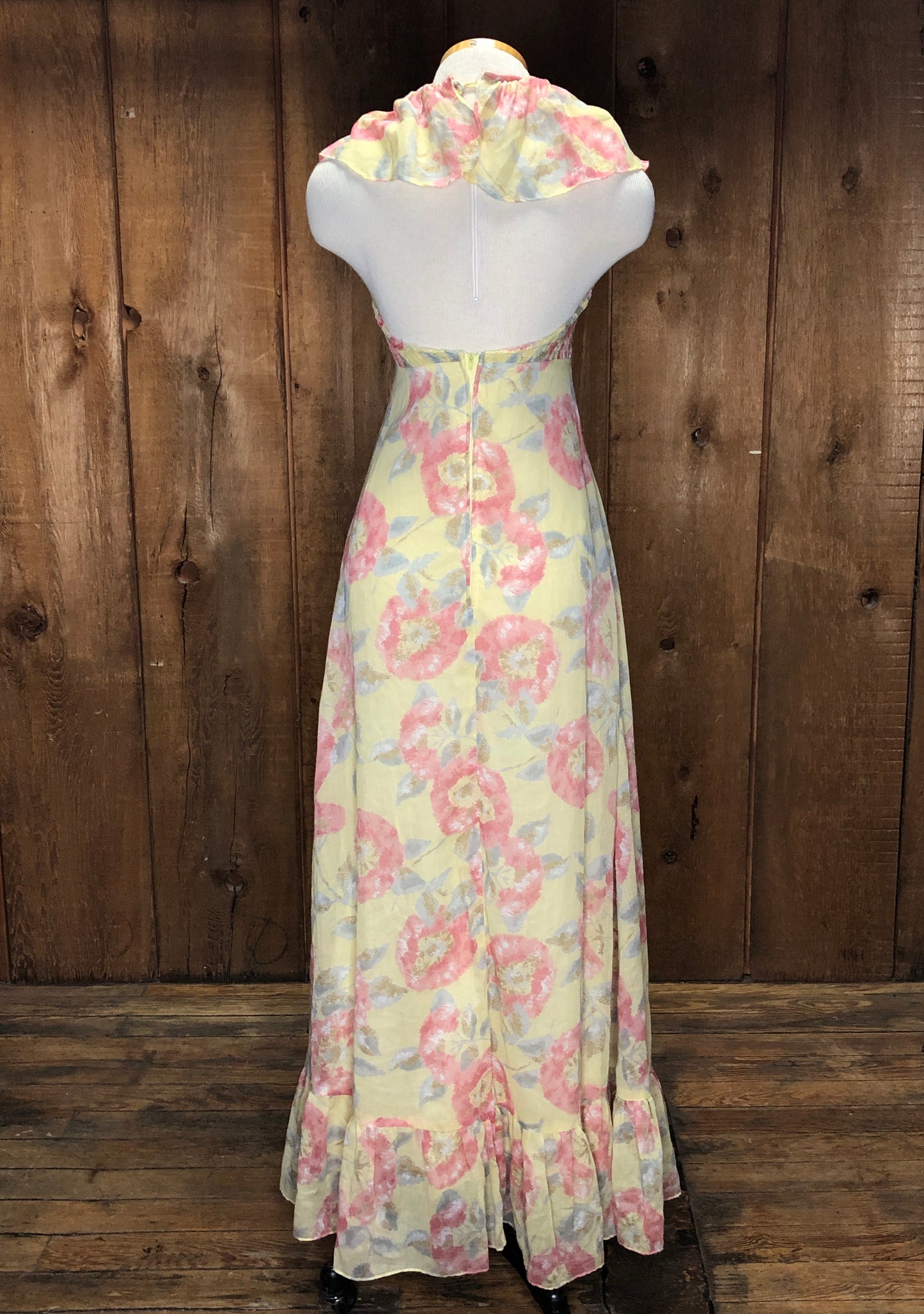 70s Florals Ruffle Halter Maxi Dress S