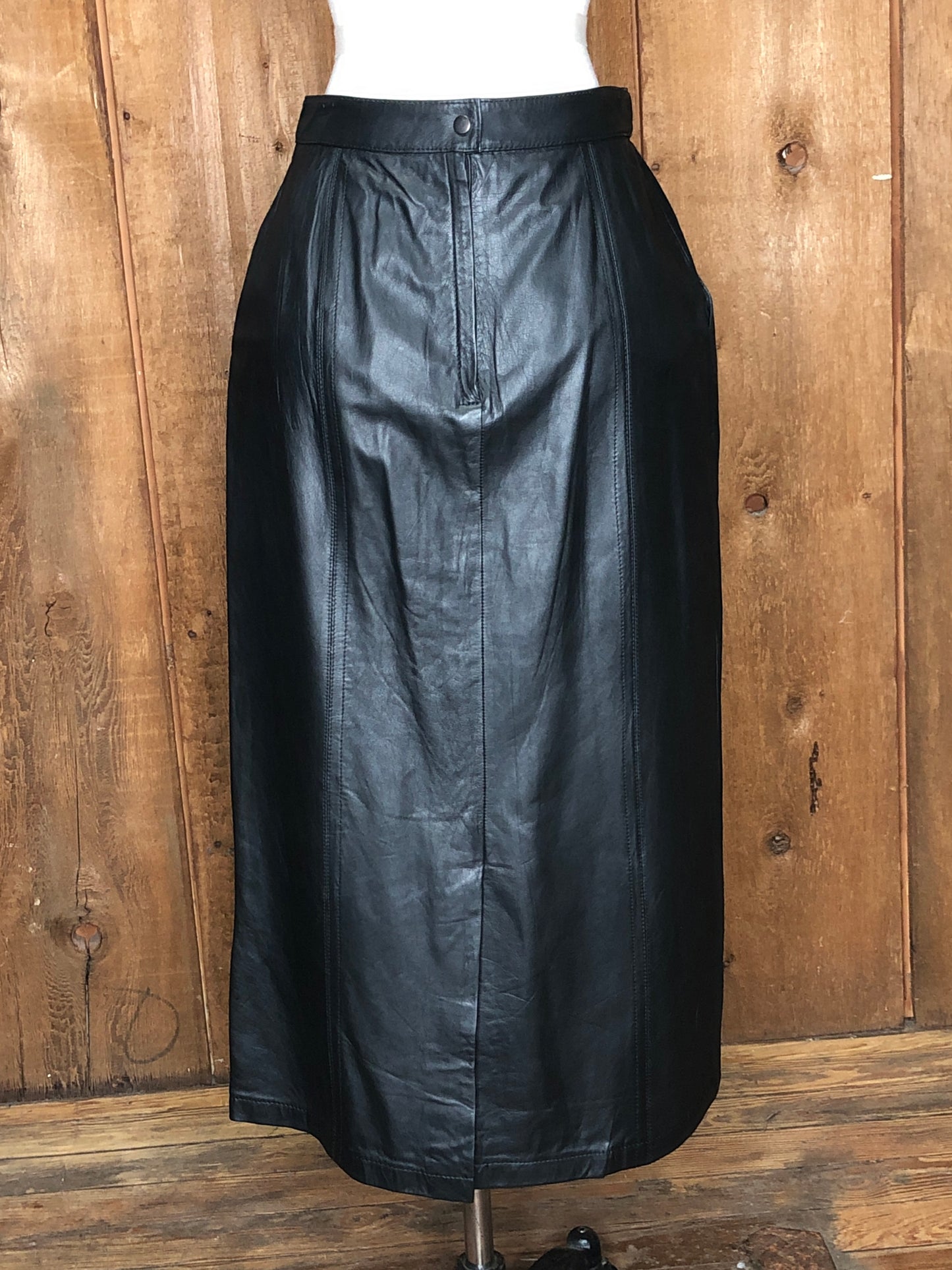 80s Erena Black Leather Pencil Skirt     w28