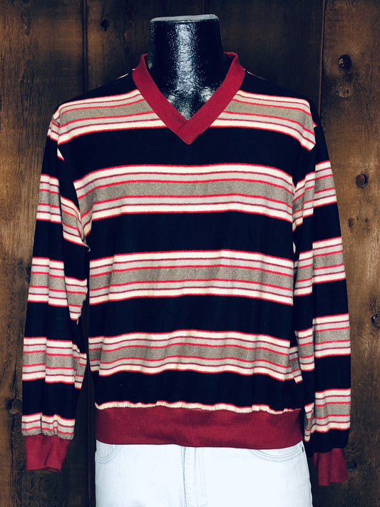 70s JCP Velour Blk/Rd/Gry Stripe Shirt          L