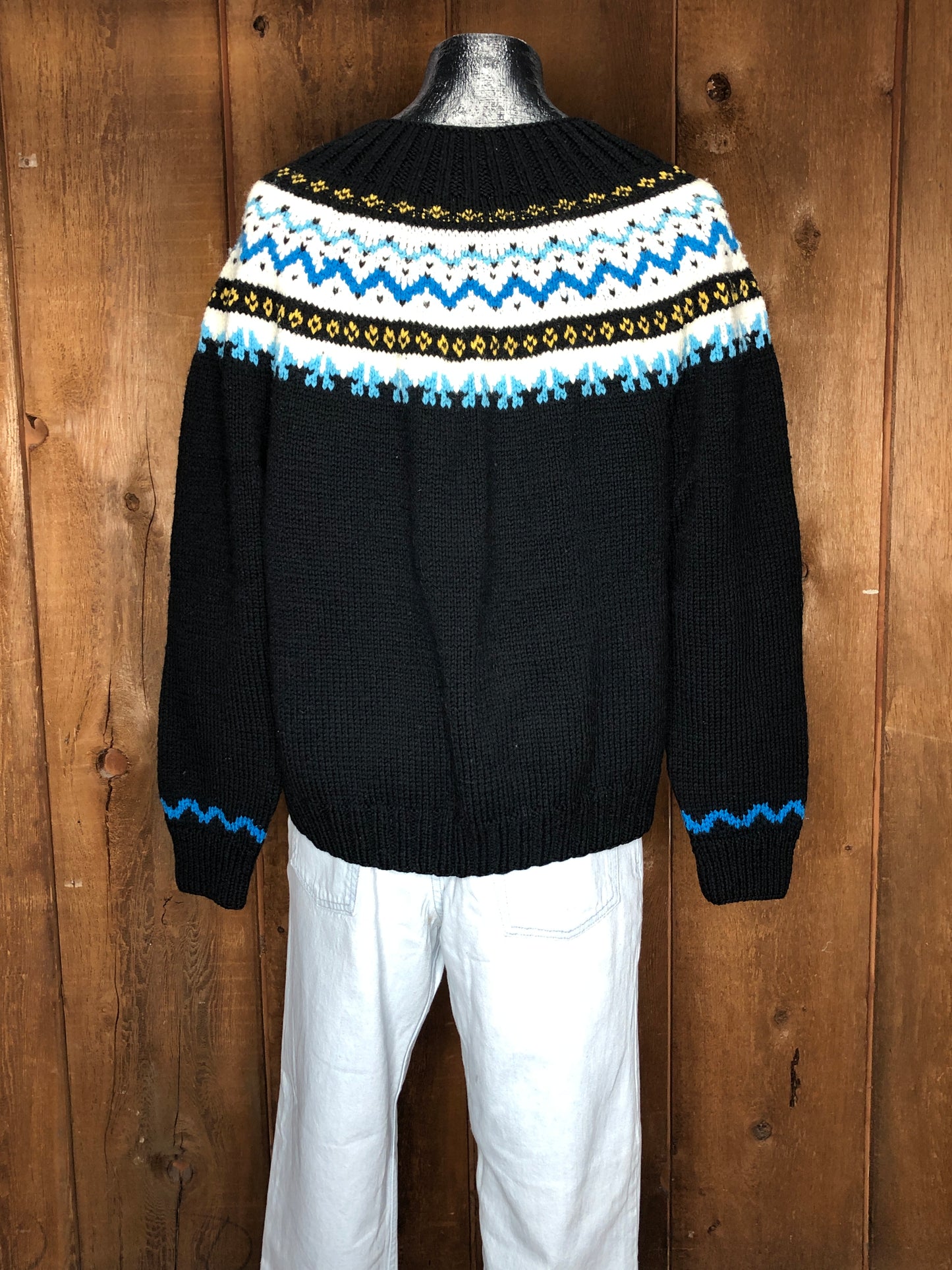 80s Hand Knit Black Fair Isle Cardigan M/L
