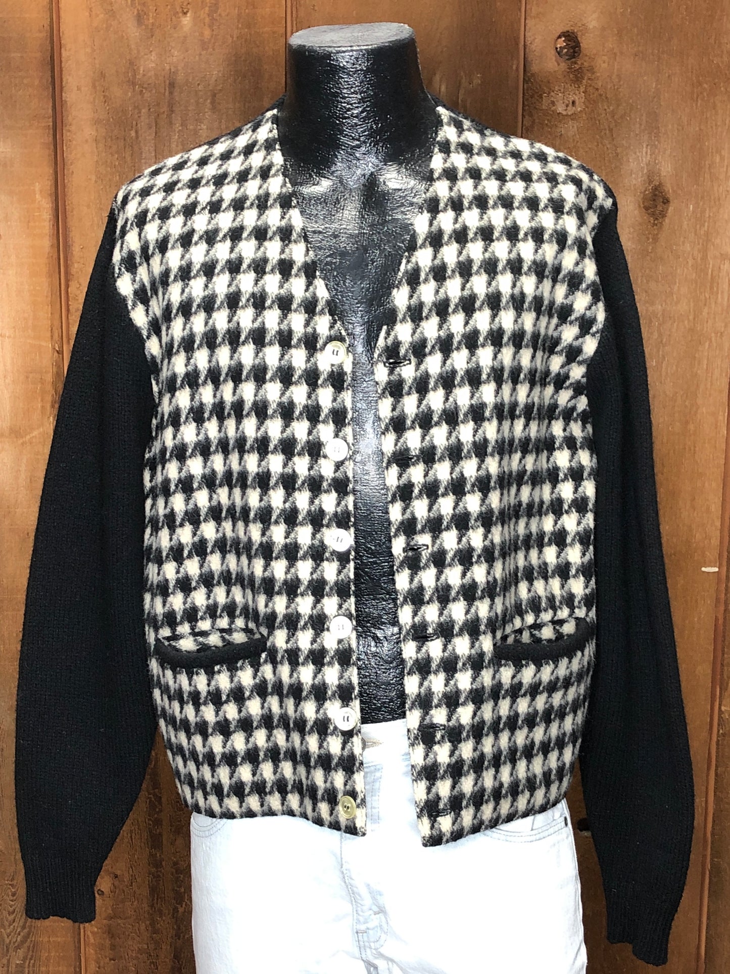 60s Arrow Blk Houndstooth Wool Cardigan M