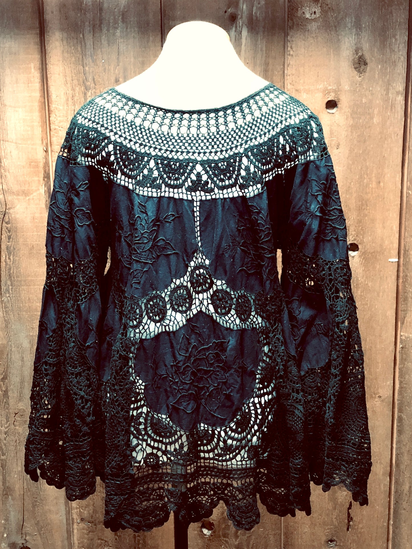 70s Black Boho Crochet Top L/XL