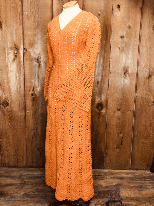 70s Orange Crochet Bell Sleeve Maxi Dress M
