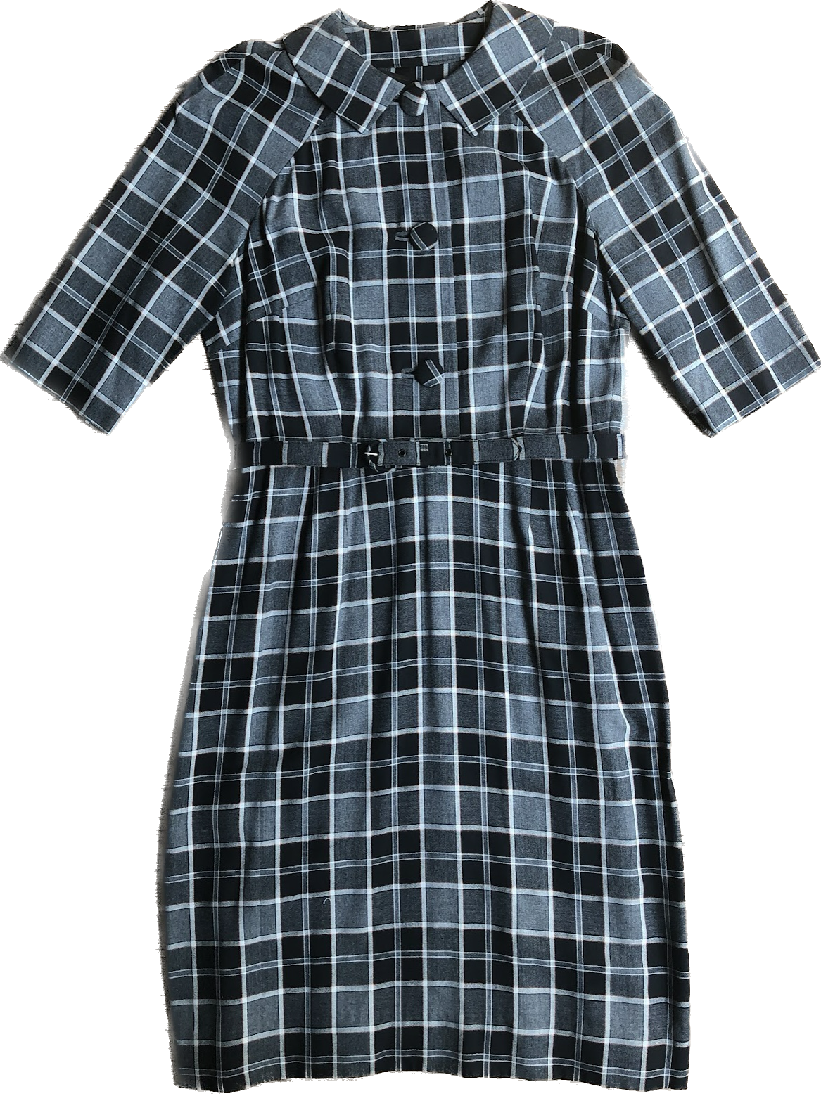 1950s Blk/Gry/Orange Plaid Pan Collar Dress w36