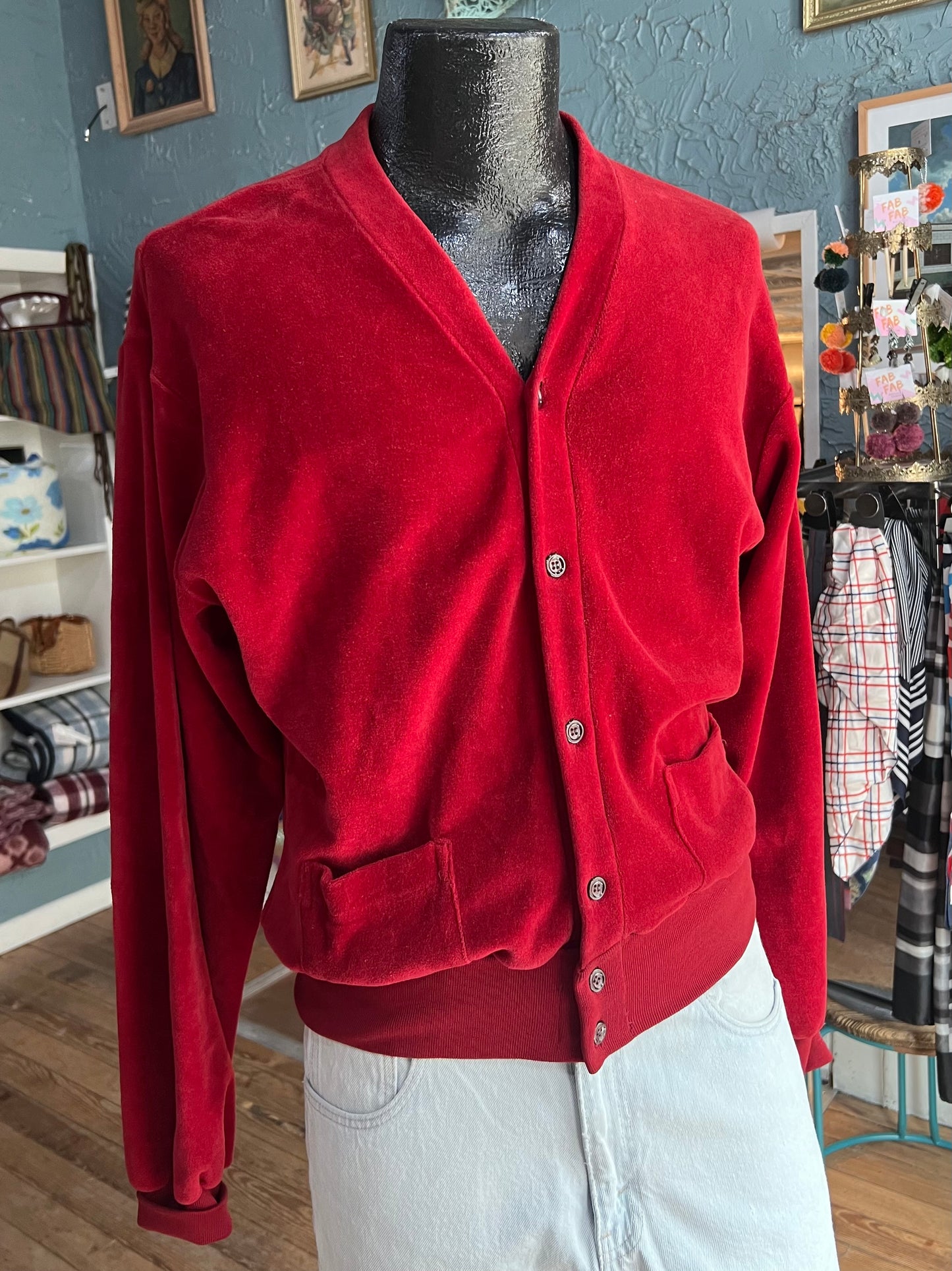 70s Red Cotton Velour Cardigan M