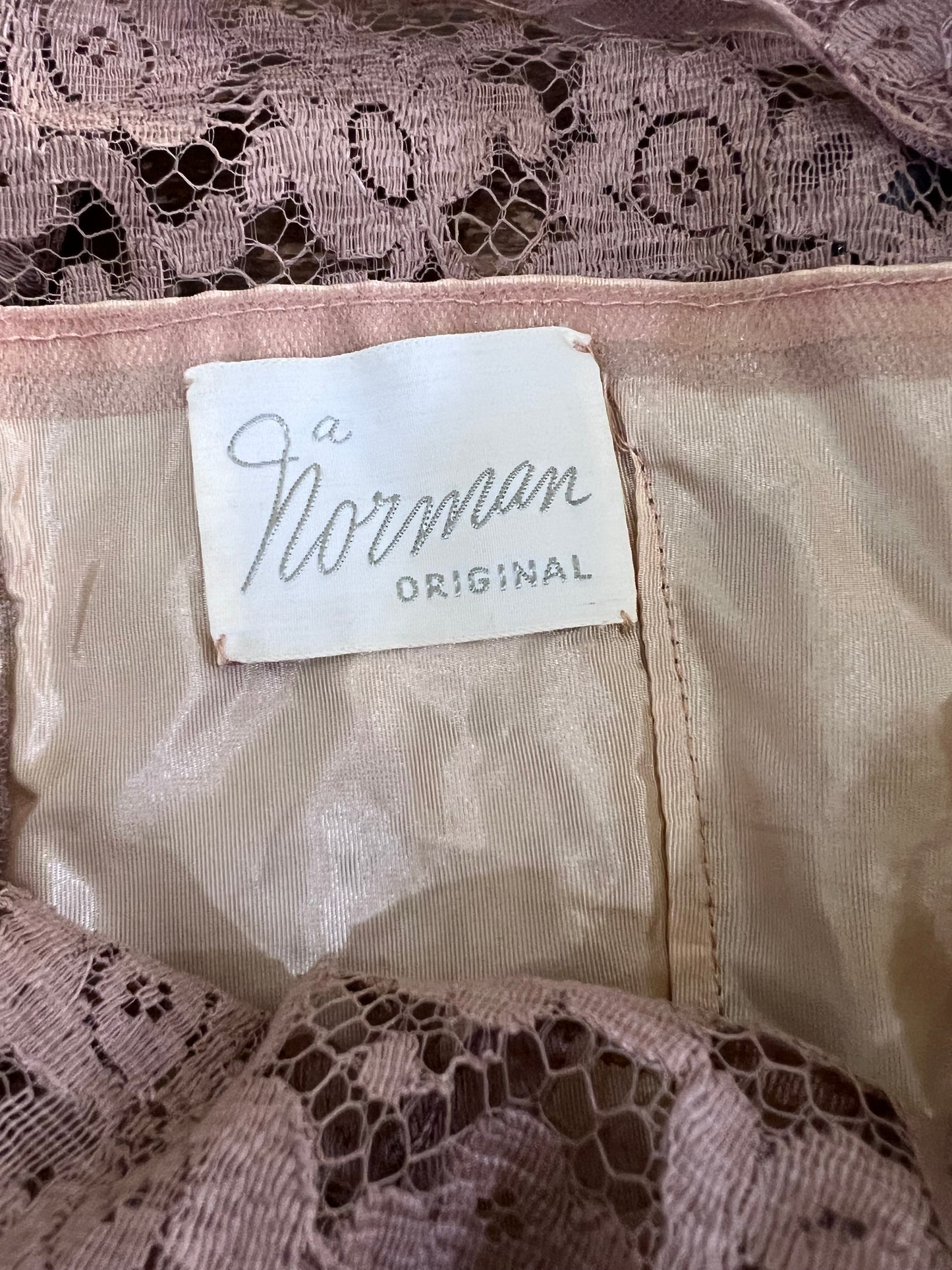 50s Norman Bronze/Sand Floral Lace Sheath Dress w34