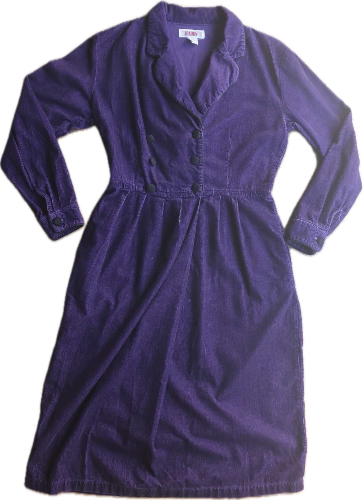 80s FADS Purple Corduroy Shawl Collar Dress    w32