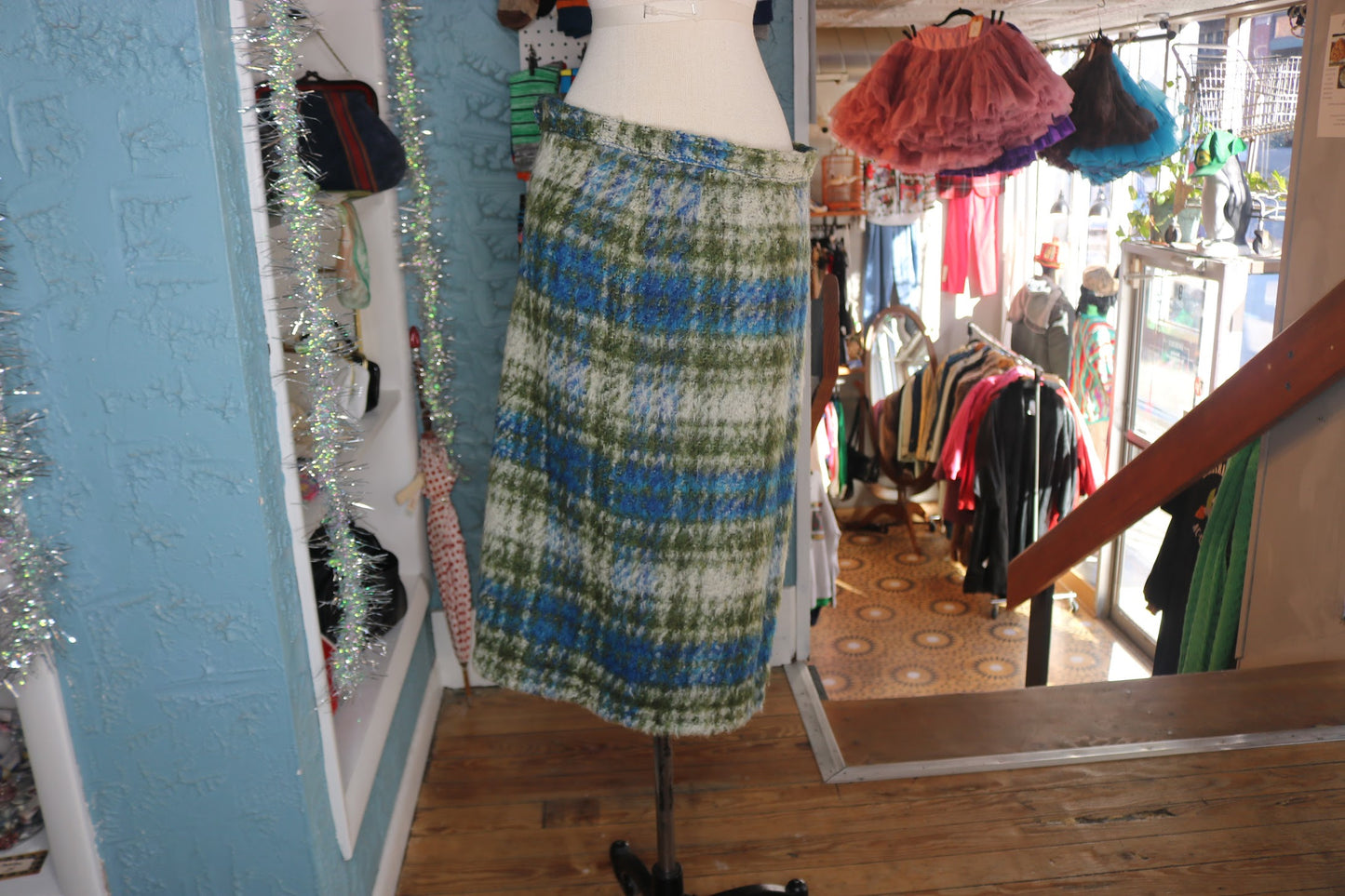 60s Gilbert Green/Blue Mohair Skirt/Coat Set w34