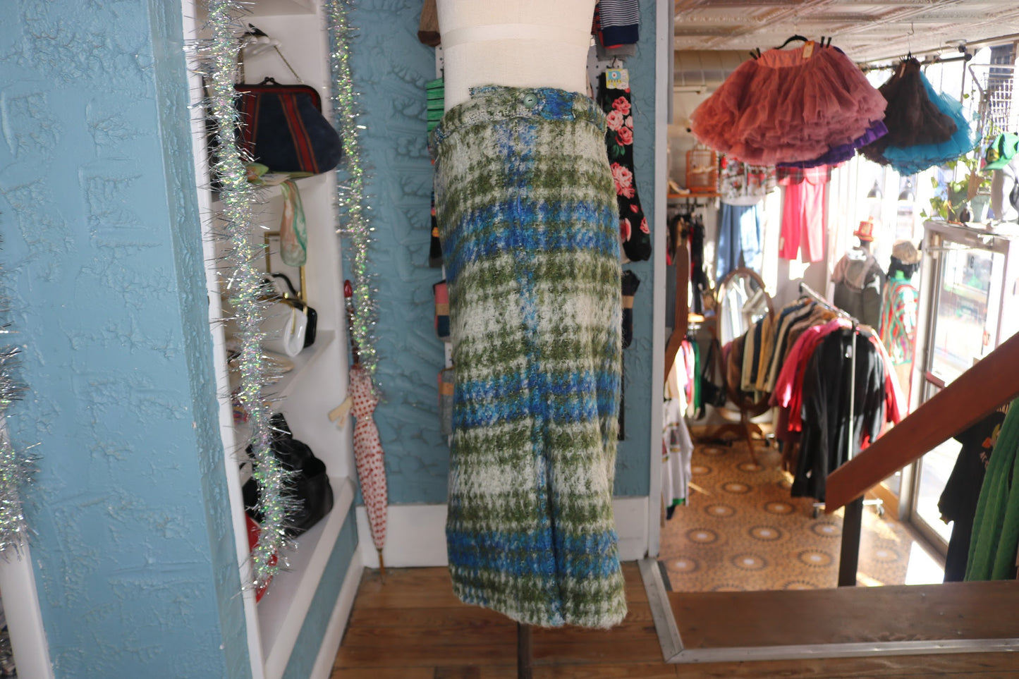 60s Gilbert Green/Blue Mohair Skirt/Coat Set w34