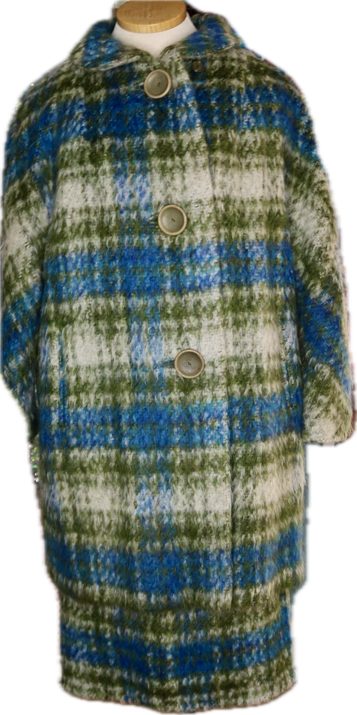 60s Gilbert Green/Blue Mohair Skirt/Coat Set w34