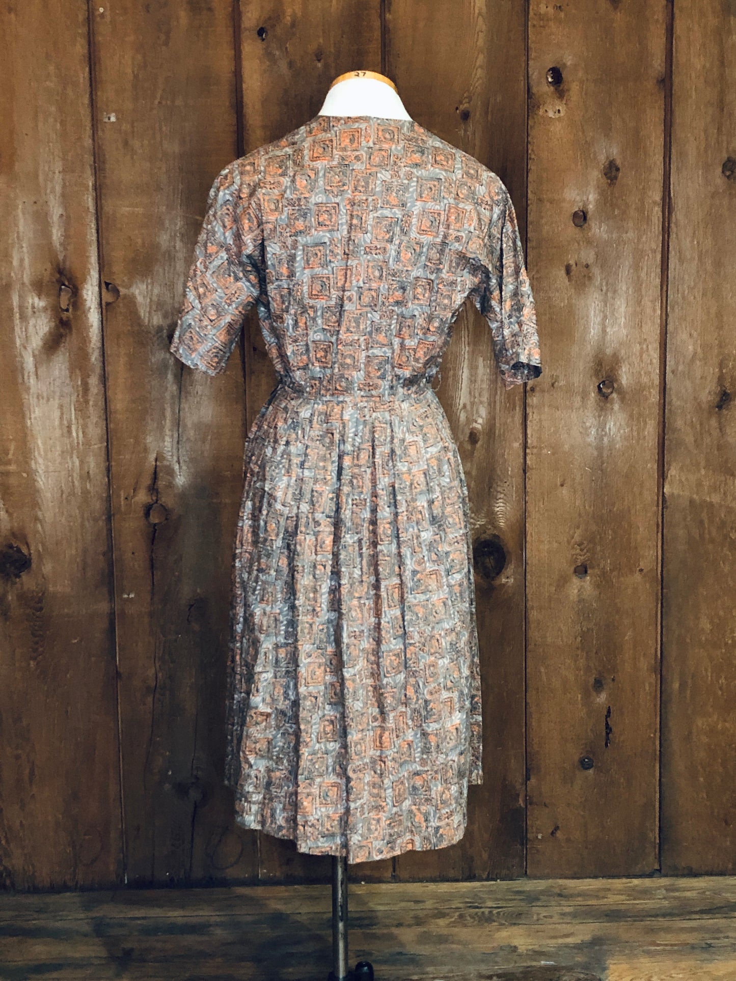 50s Orng Medallions Cotton Dress W27"