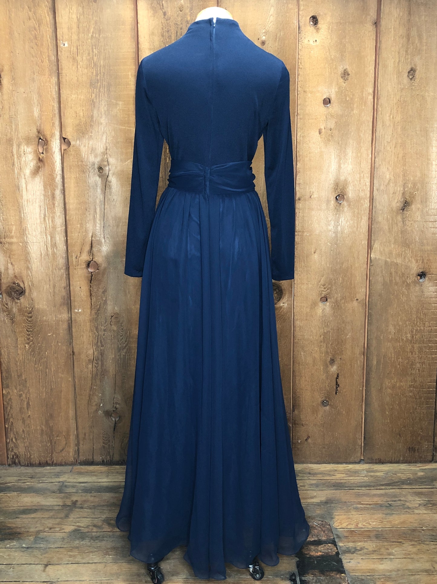 70s Navy Stretch & Organza Gown W28"