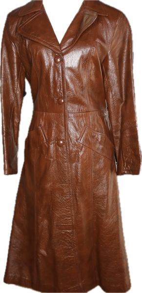 70s Leather Wet Look Trench Coat       Medium