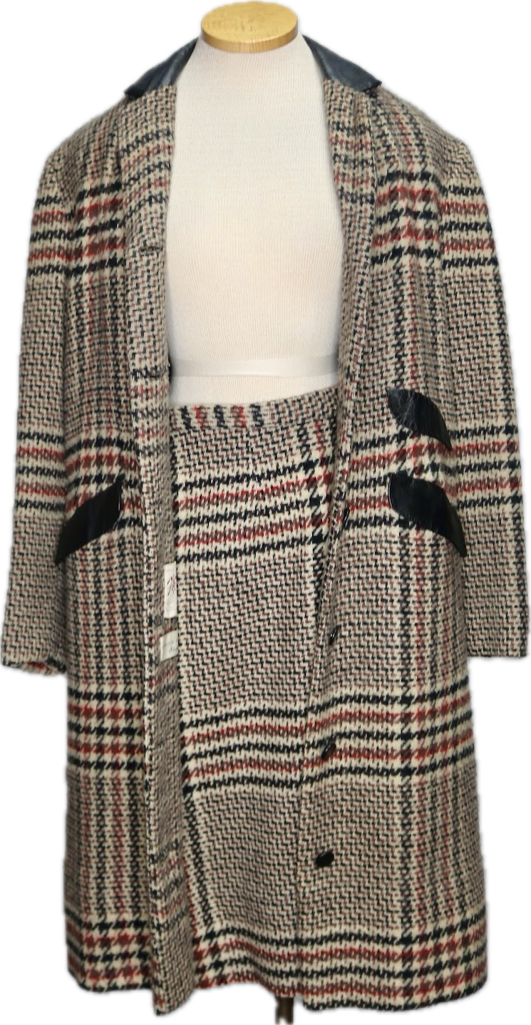 70s Faribo Beige Wool/Leather Plaid Skirt Set w31