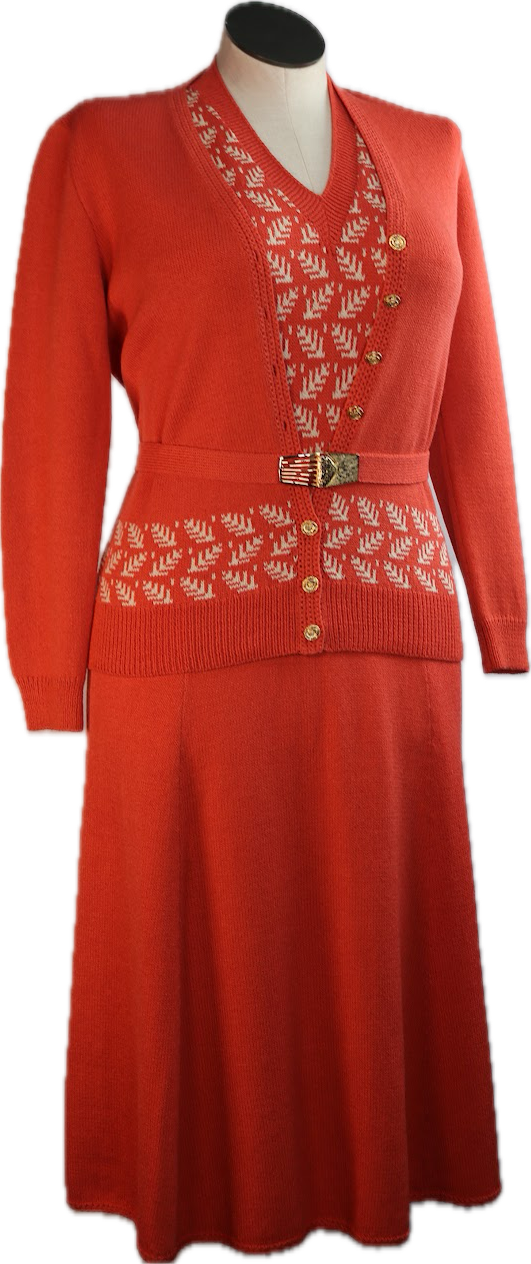 70s St.JohnKnits Orng Dress/Cardi Set w30-36