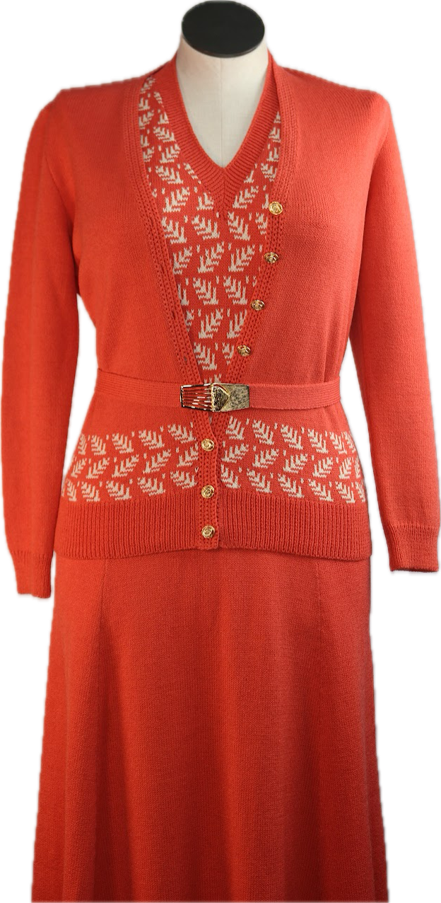 70s St.JohnKnits Orng Dress/Cardi Set w30-36