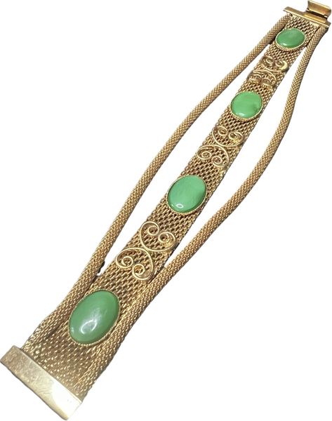 60s Gold Tone Green Cabachon & Robe Bracelet