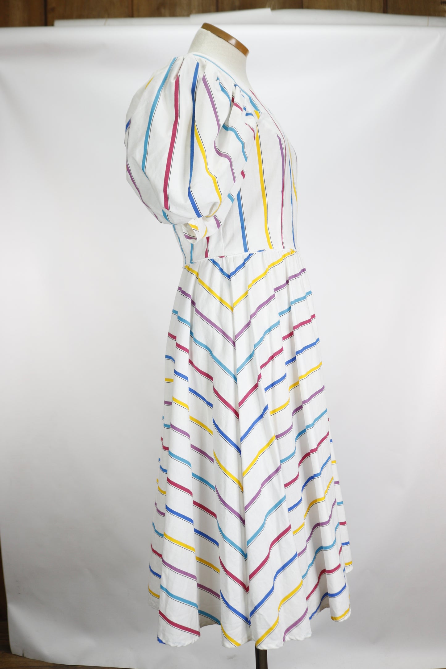 80s Plaza South Rainbow Stripe Mutton Sleeve Dress w28