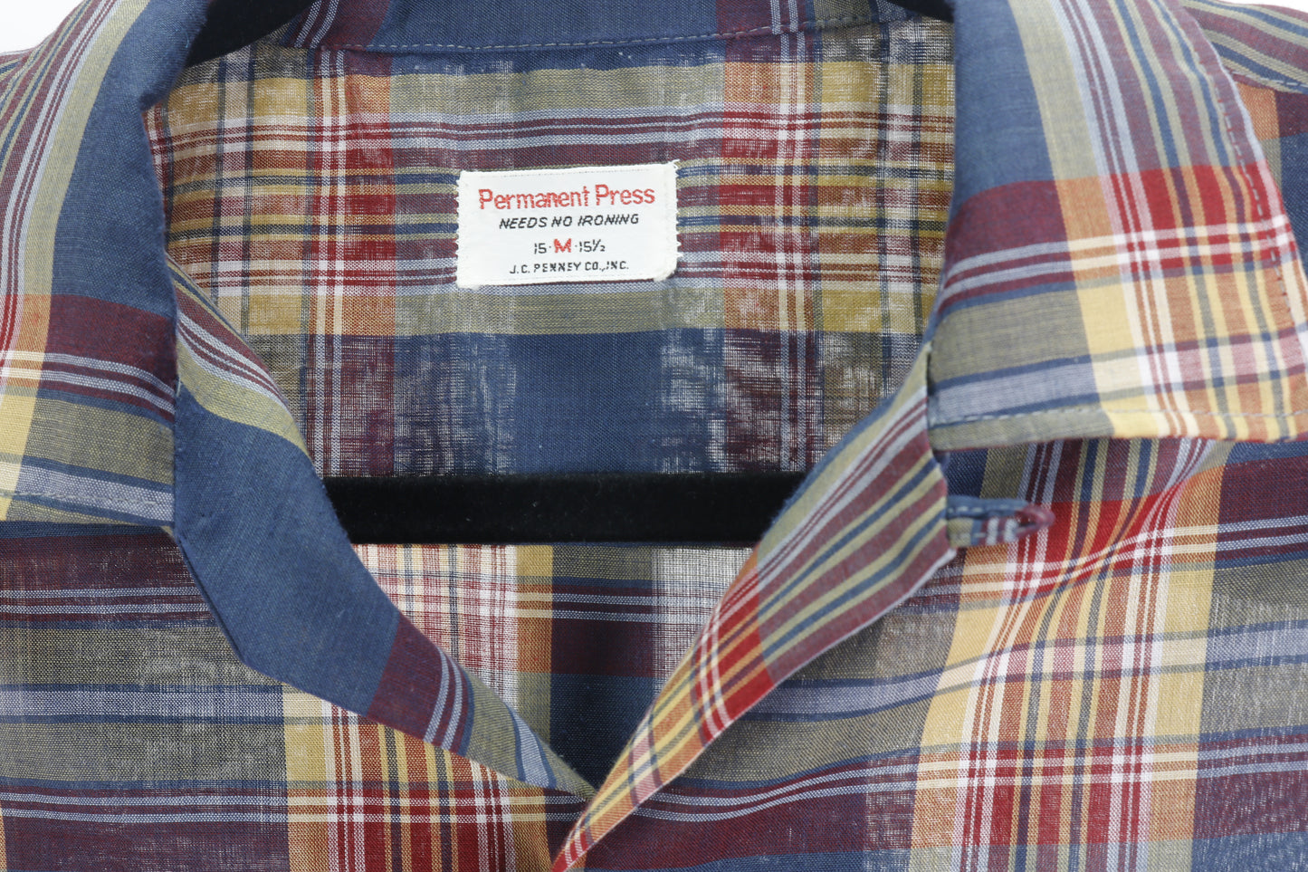 70s JCP Perm Press Blue/Yl/Rd Plaid Shirt M
