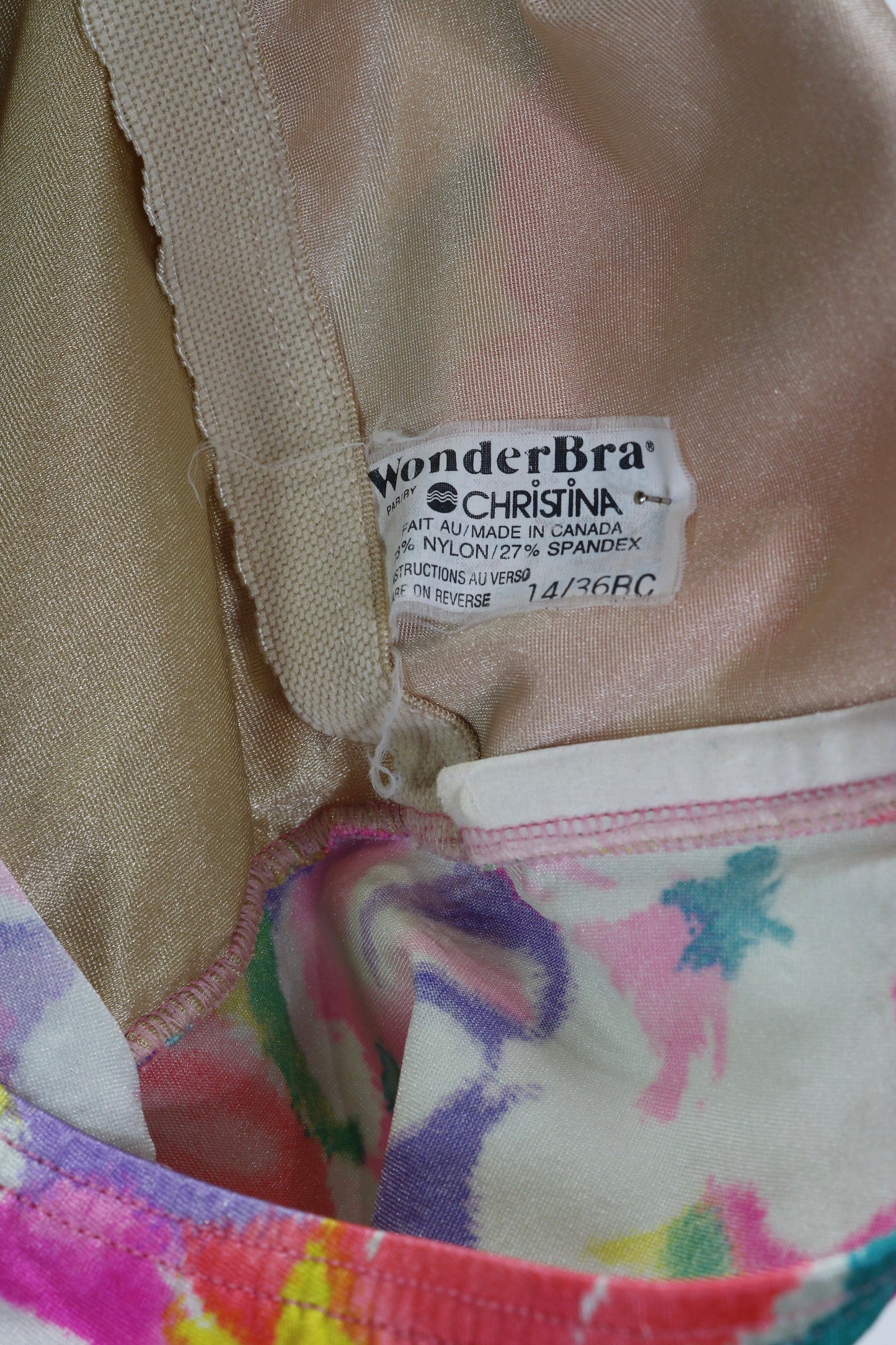 80s Wonderbra Neon Floral Swimsuit M