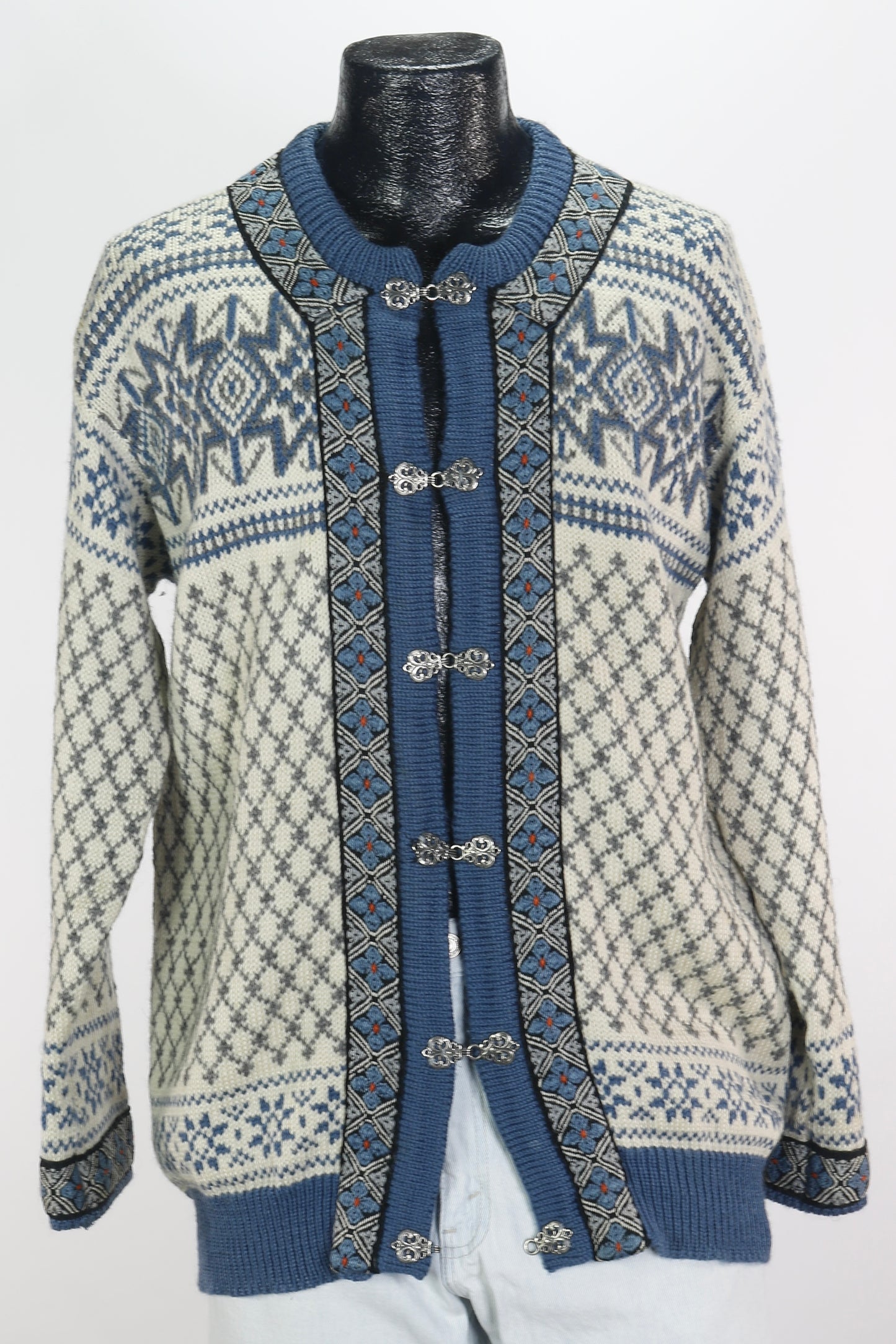 90s DALE of Norway Blue Trim Cardigan XL