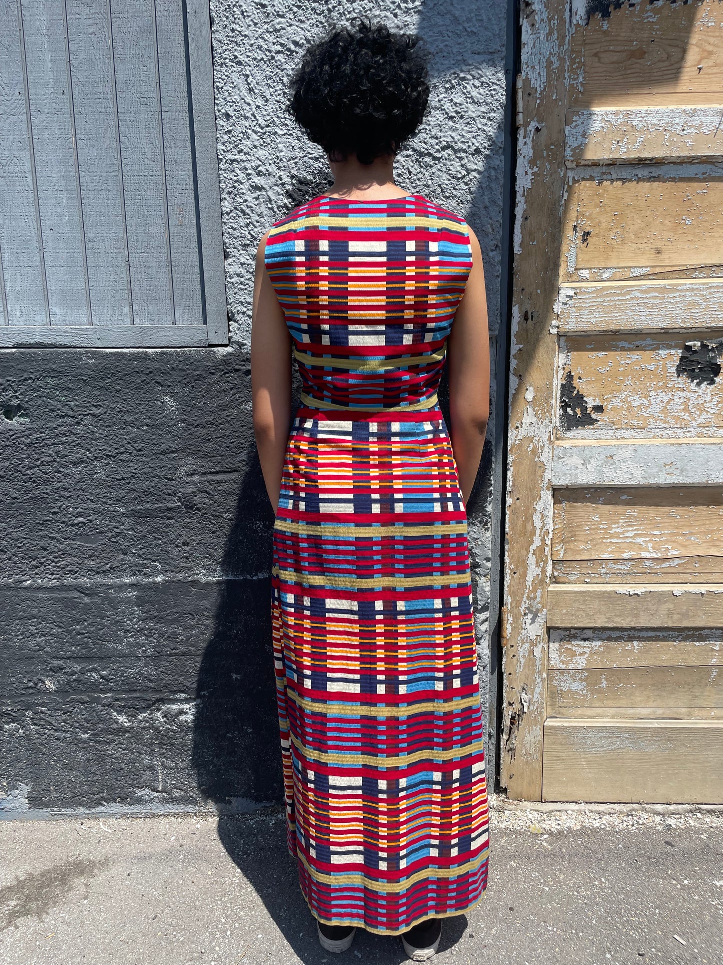 70s Color Blocks Button Down Maxi Dress w30