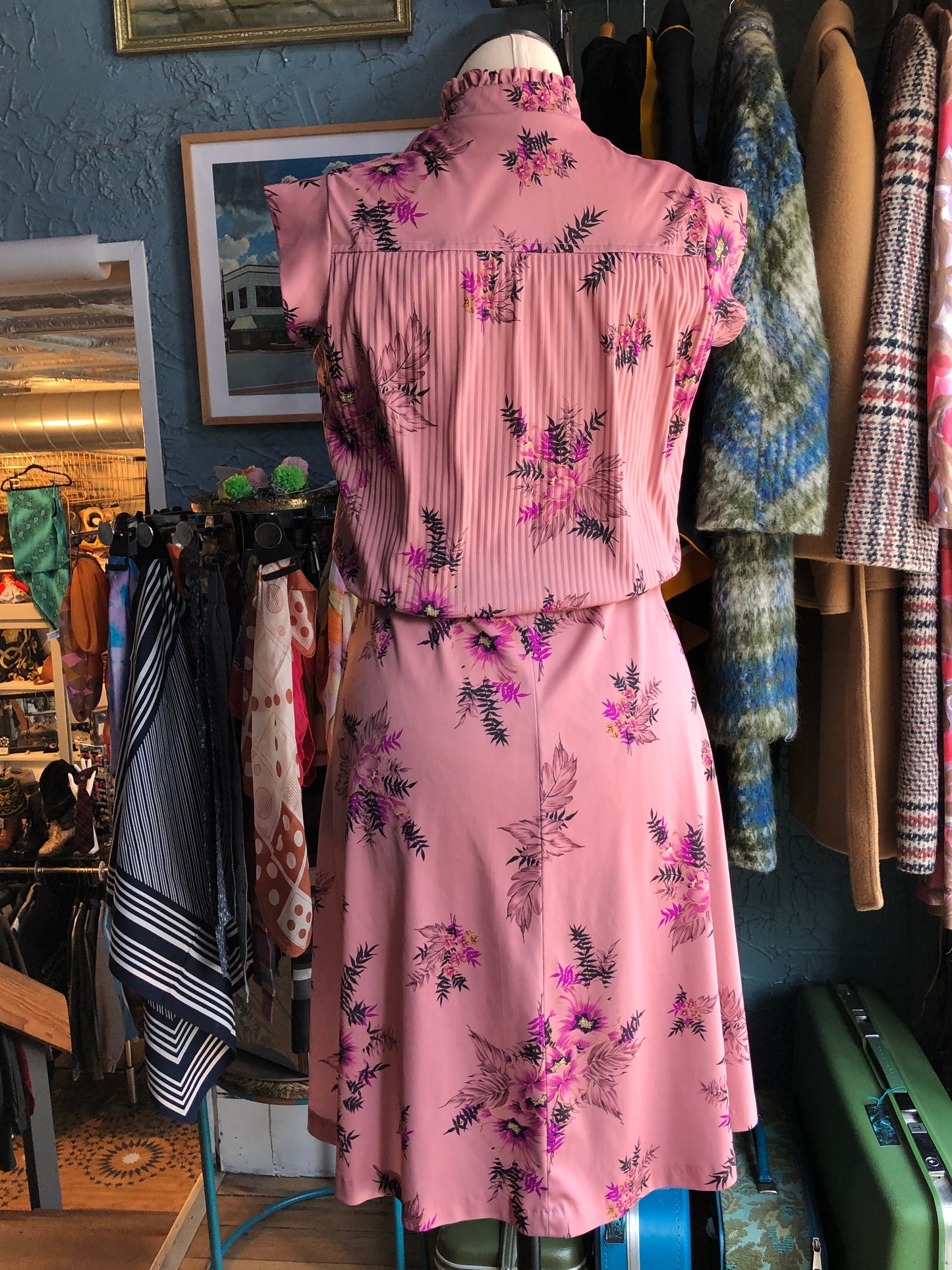 70s Mauve Floral Blouson Dress w28-34