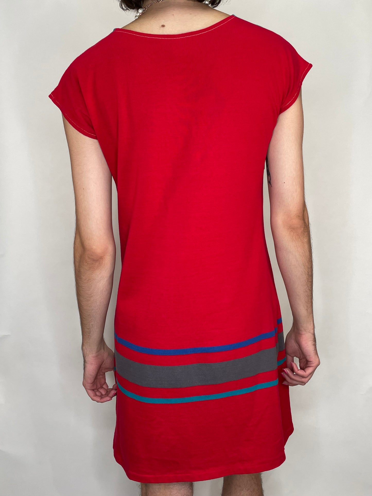 80s Red Jersey & Stripe Dress w36