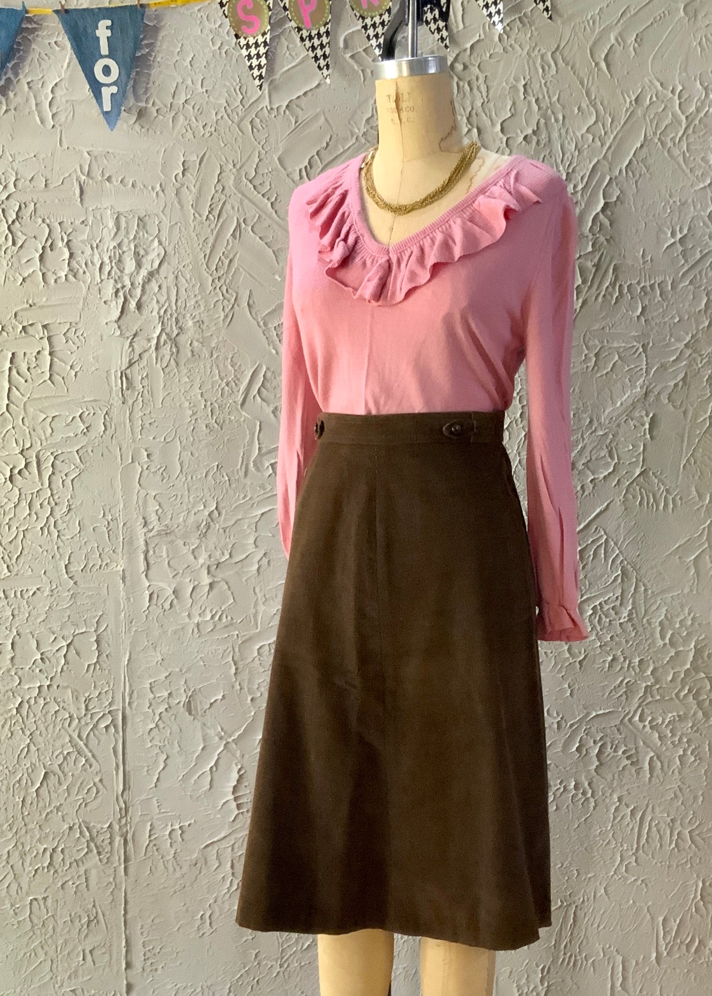 70s Villager Brown Cord A-Line Skirt W27