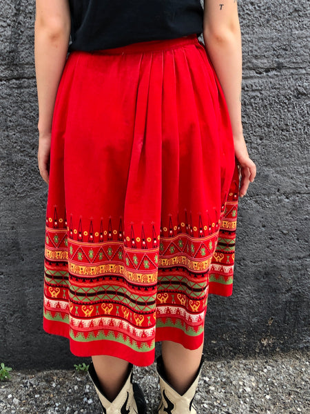 1950s Red Corduroy Design Hem Skirt        W27