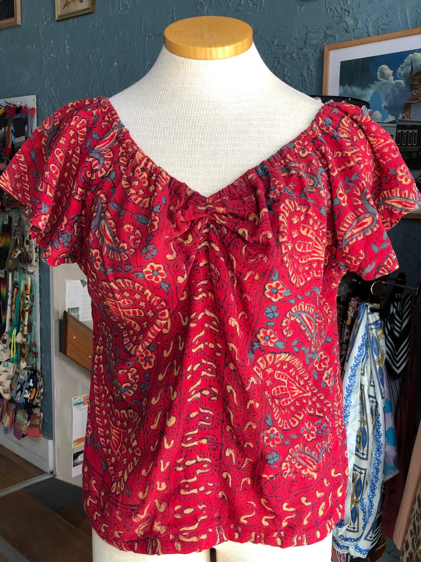 70s Red Batik Sweetheart Top M