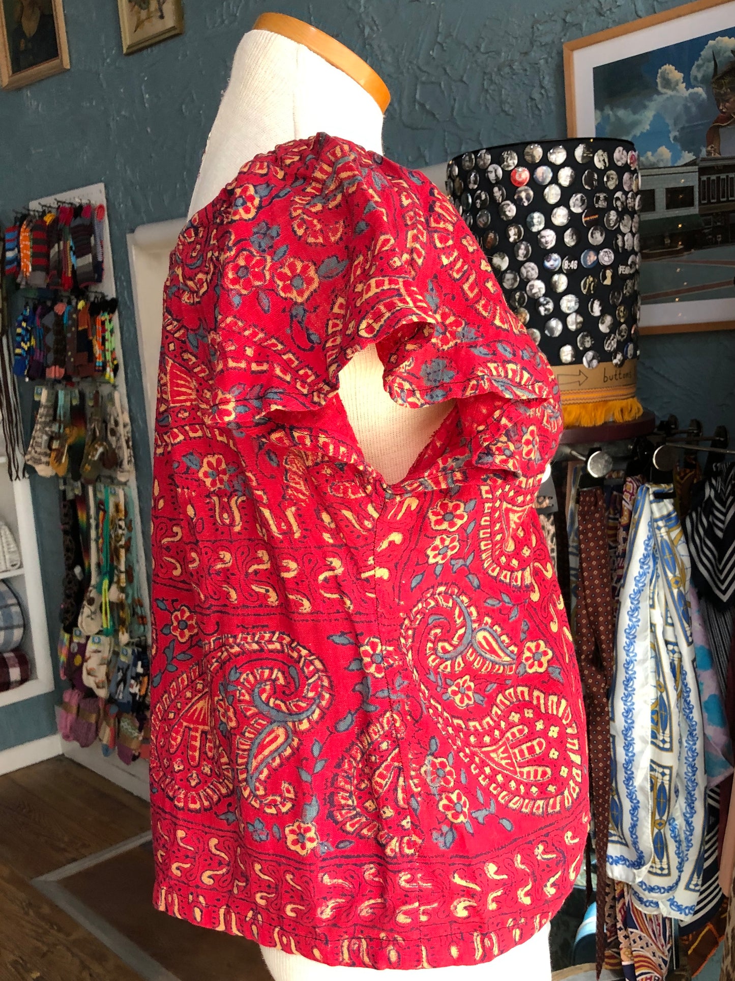 70s Red Batik Sweetheart Top M