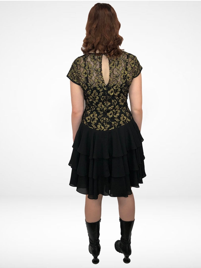 90s Rhapsody Gold Lace Tiered Party Dress M