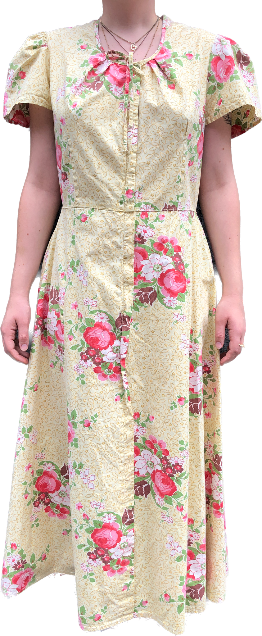 1940s Cotton Floral Puff Sleeve Maxi Dress        W32