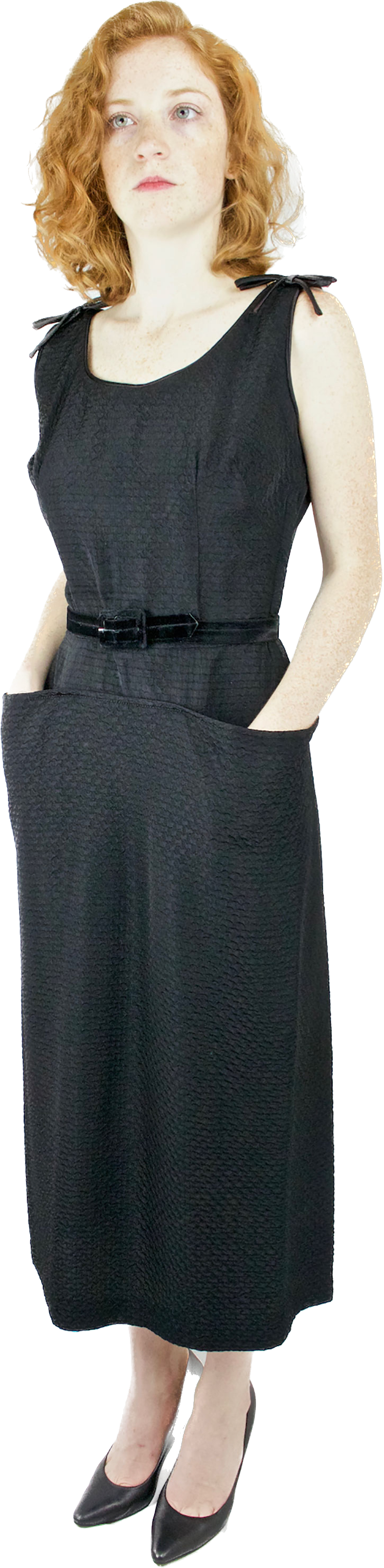 1950s Black Sleeveless Textured Wiggler Dress   w25"