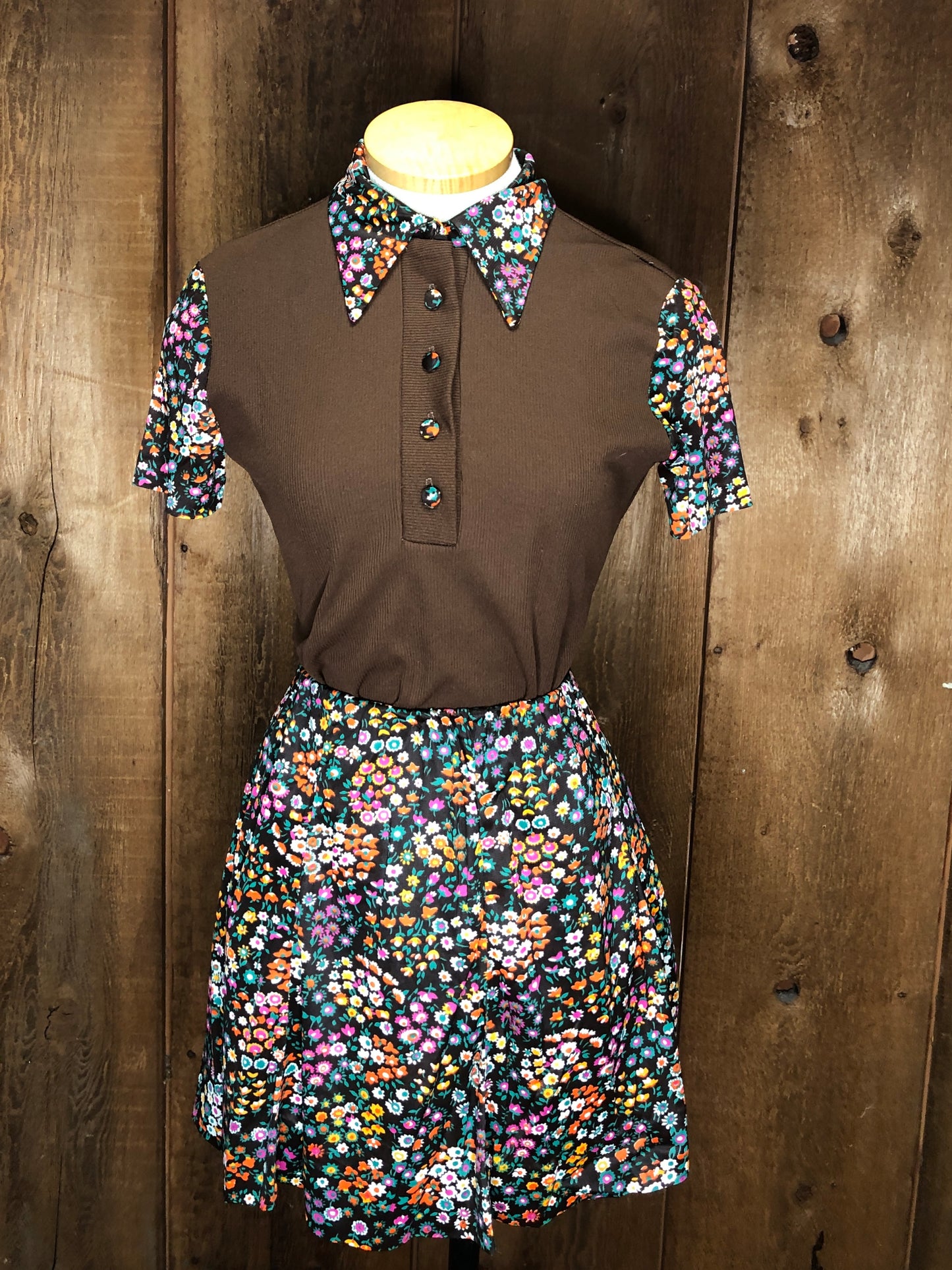 70s Brown & Floral Skirt Set S