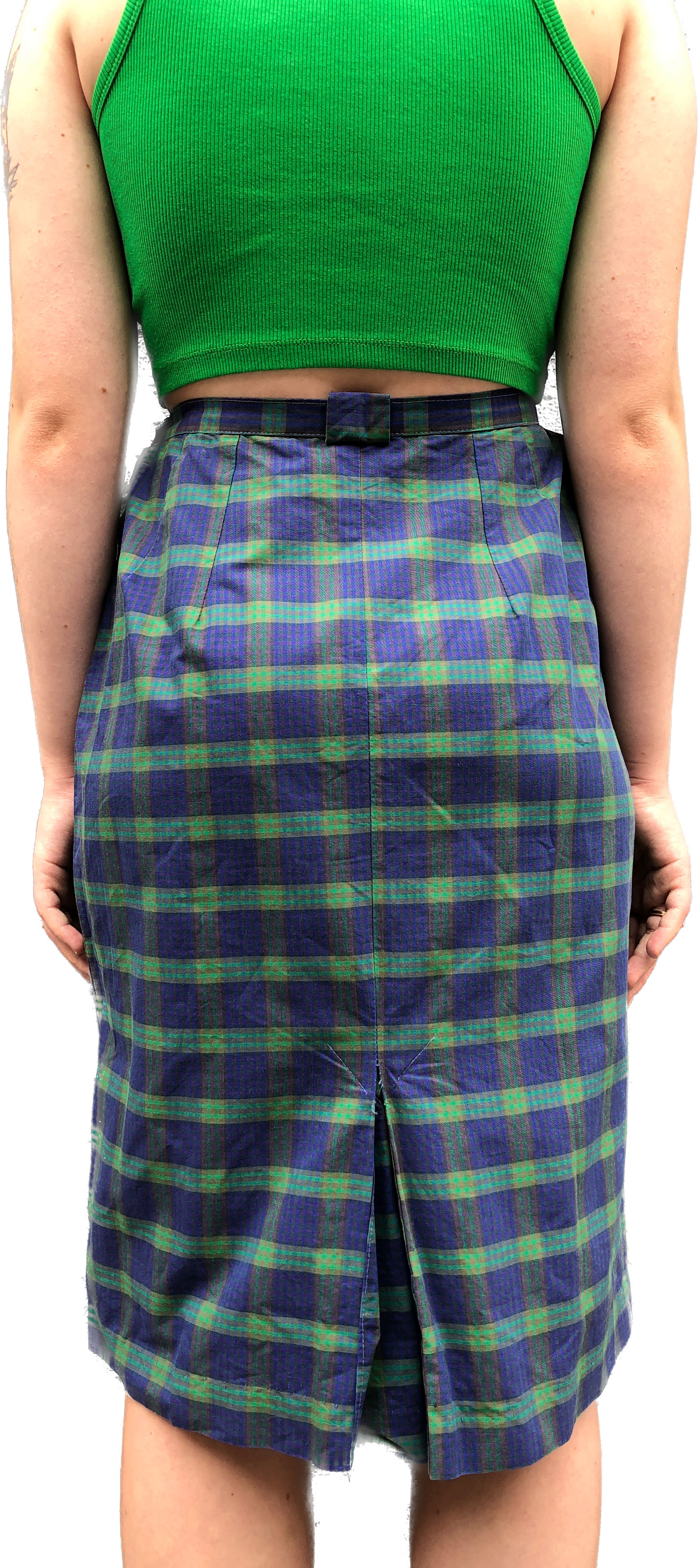 50s Green Plaid Pencil Skirt w/Pocket w28