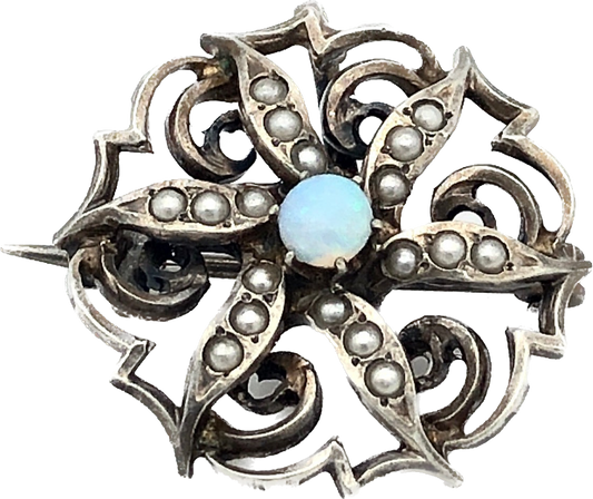 1918 Fire Opal & Sterling Mini Brooch & Medallion in One