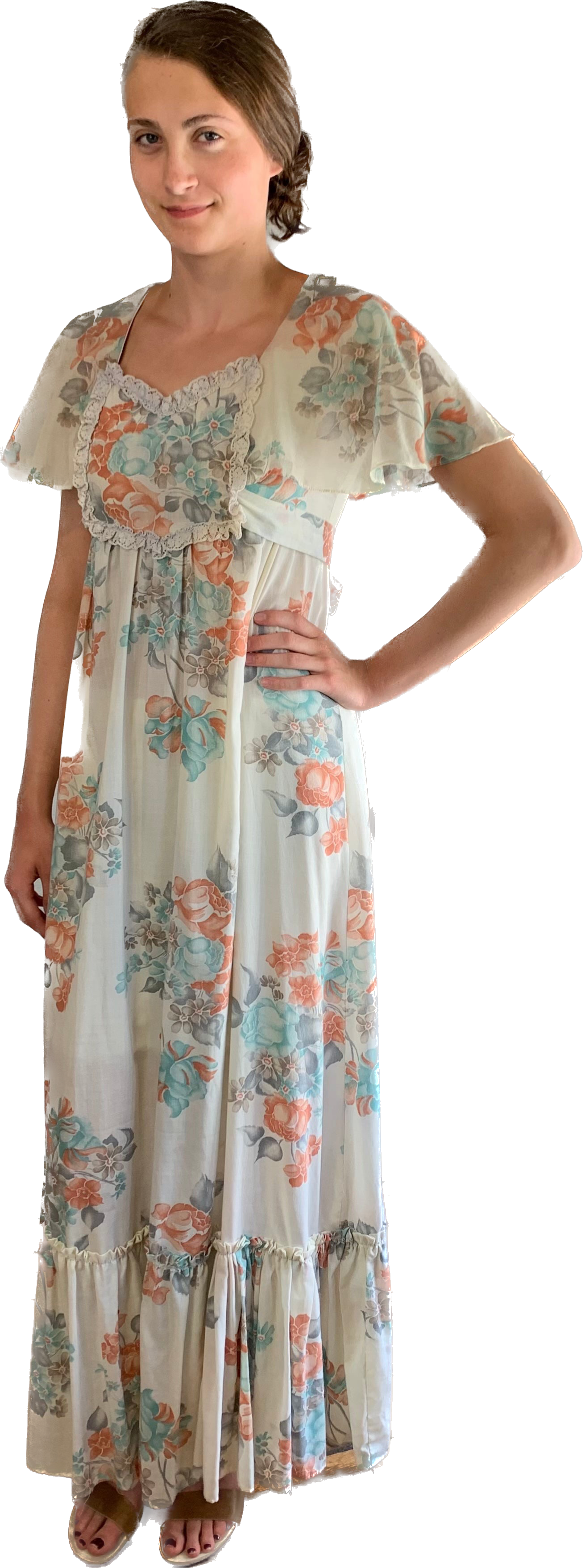 70s Flounce Sleeve Peach & Blue Floral Prairie Dress w30 70s Flounce Sleeve Peach & Blue Floral Prairie Dress w30
