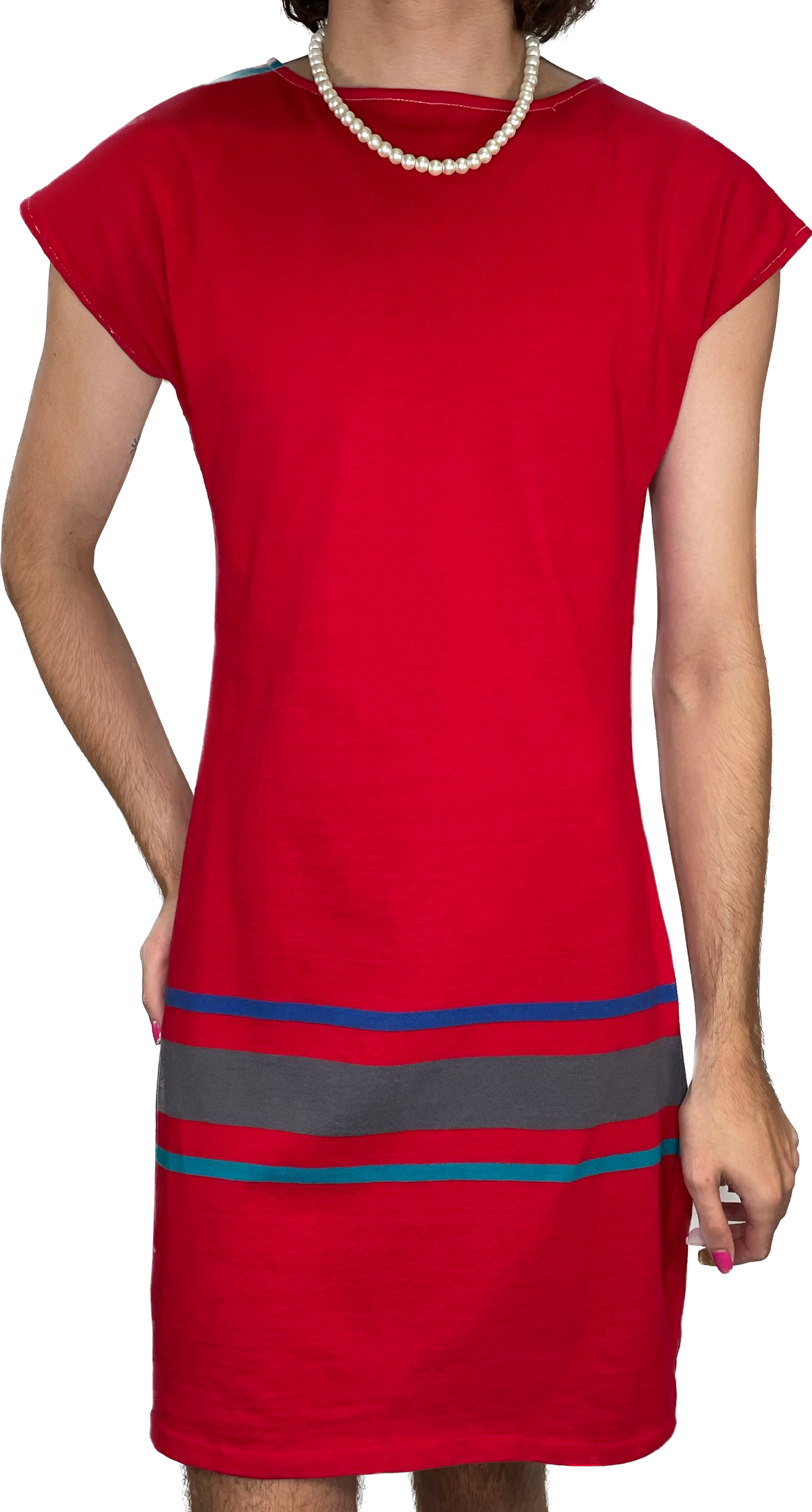 80s Red Jersey & Stripe Dress w36