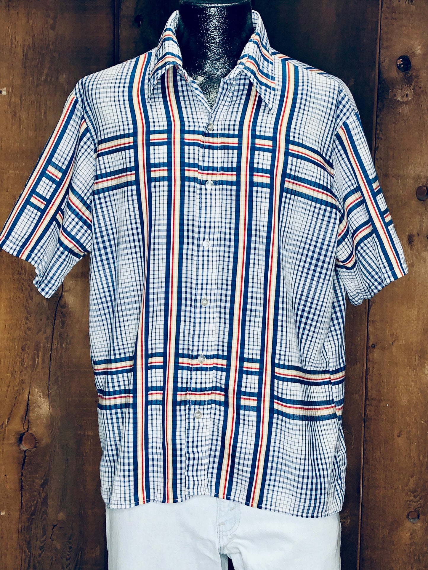 70s JCP Blue Window Plaid Shirt L