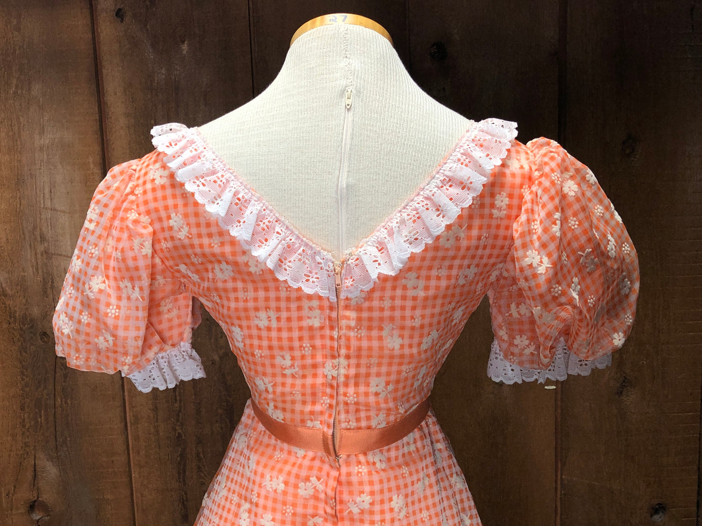 70s Orange Gingham & Lace Dress w27