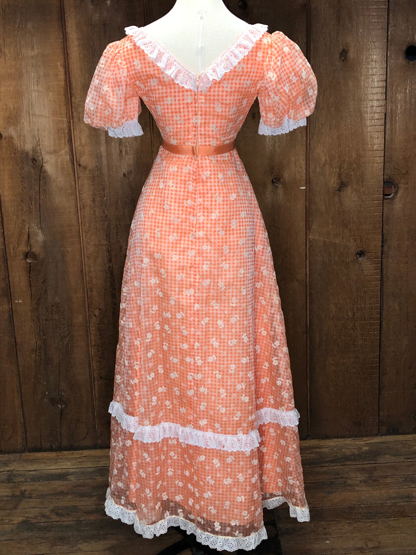 70s Orange Gingham & Lace Dress w27